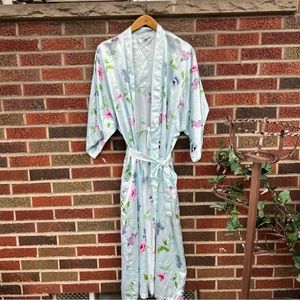 SITA Light Blue and Floral Satin Wide Sleeve Long Robe